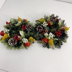 Pair Vintage Christmas Greenery Candle Ring Plastic Fruit Pinecone Colorful